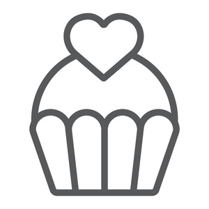 爱蛋糕线图标, 甜和松饼, 纸杯蛋糕与心形, 矢量图形, 在白色背景的线性图案