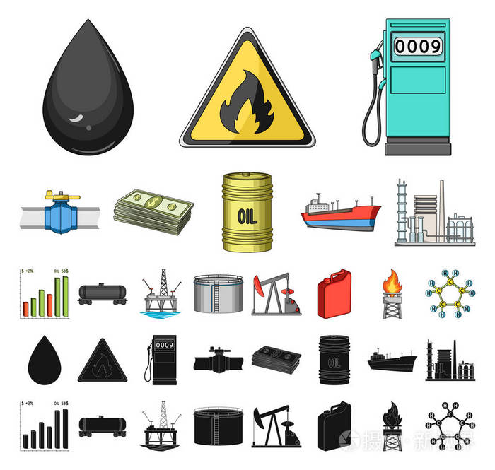 石油工业卡通, 黑色图标在集合中的设计.