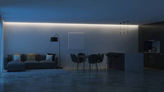 现代住宅内部。 黑色厨房。 晚安。 晚上的灯光。 三维渲染。