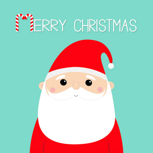圣诞快乐。 圣诞老人脸头图标。 糖果。 新年。 红帽子。 胡子胡子。 可爱的卡通有趣的卡瓦伊婴儿角色。 平面设计。 蓝色背景