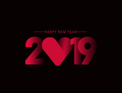 新年快乐2019文本与心脏设计Patter矢量插图。