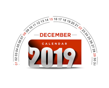 新年快乐2019年12月日历新年假日设计元素为假日卡片日历横幅海报装饰矢量插图背景。