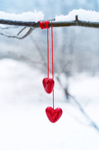冬天雪树枝上的红心。 节日快乐情人节庆祝心爱理念