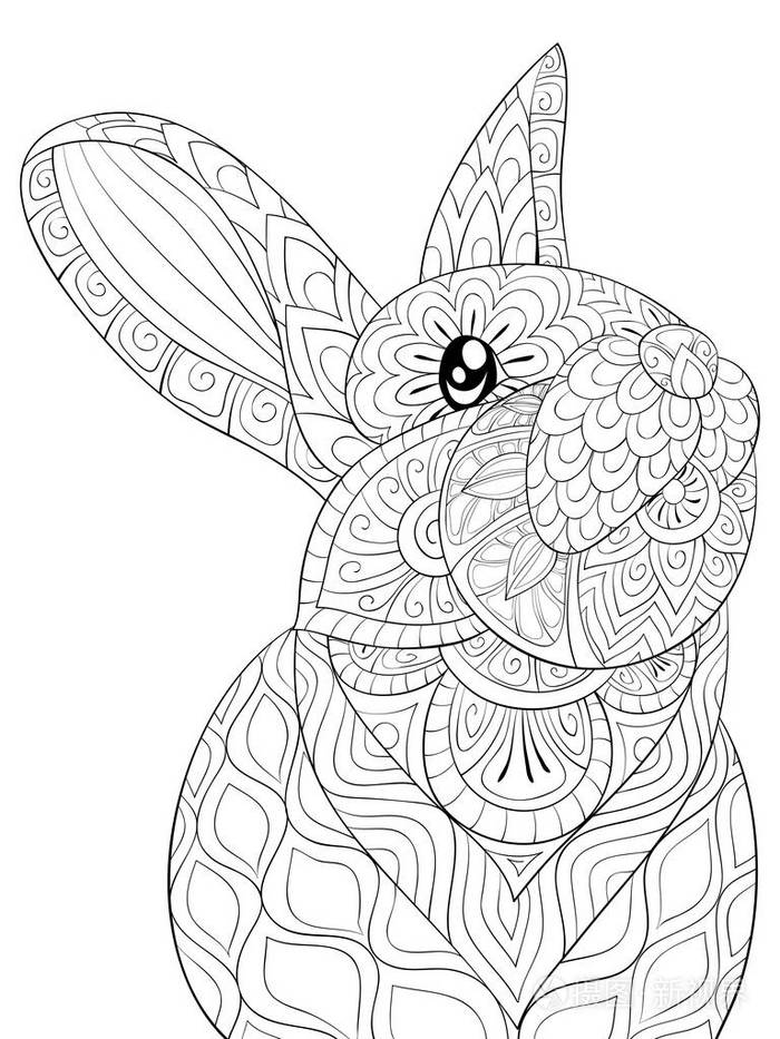 插画 一只可爱的兔子,带有装饰图像,用于放松活动.成人着色书页.