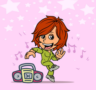 卡通可爱的白色微笑红头舞女孩角色与录音机和音符。 在粉红色的背景上。 矢量图标。