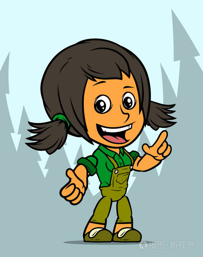 卡通白色可爱站着微笑的黑发女孩角色穿绿色工作服蓝色背景上有树矢量