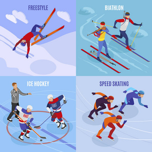 冬季运动2x2设计概念集自由式速滑冰曲棍球双项全能方形图标等距矢量图