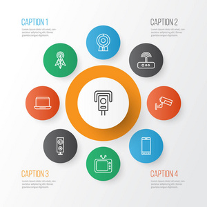 硬件图标设置有监控, 天线, 笔记本电脑和其他无线路由器元素。独立的插图硬件图标