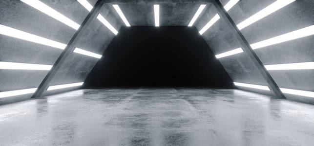 未来派外星飞船科幻现代高科技格栅混凝土反射纹理走廊隧道空黑暗空间，白色发光LED明亮灯光背景3渲染插图。
