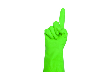 由绿色防护手套制成的标志。 手指符号一。 孤立在白色上。 清洁和秩序的概念。