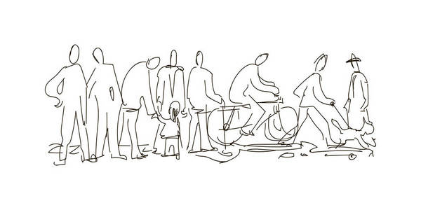 快速绘图人群中人的快速素描. 矢量黑白绘图.照片