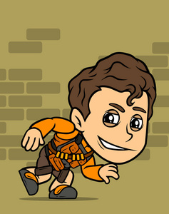 卡通白色可爱的浅黑色隐形战斗机男孩角色穿着防弹衣. 墙上的背景.