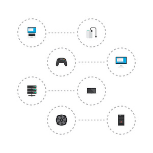 一套 pc 图标平面样式符号与服务器, 风扇, 笔记本电脑和其他图标为您的网络移动应用程序徽标设计