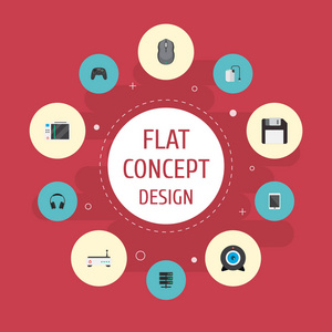 一套计算机图标平面样式符号与平板电脑, 调制解调器, 相机和其他图标为您的网络移动应用程序徽标设计