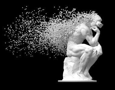 雕塑思考者与 vr 眼镜降格成3d 像素在黑色背景照片