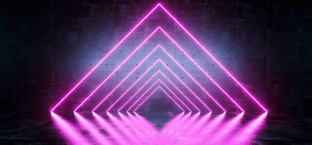 科幻背景深色混凝土未来现代空房，霓虹灯发光，紫色，充满活力，粉红色三角形霓虹灯，框架光，反射3渲染插图。