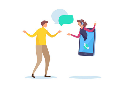 呼叫中心支持. 白色背景上的卡通微型插图矢量图形.照片