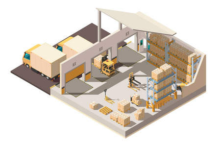 等距3d 仓库, 带停车场载重卡车叉车和交货箱