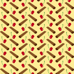肉桂棒和樱桃浆果黄色背景