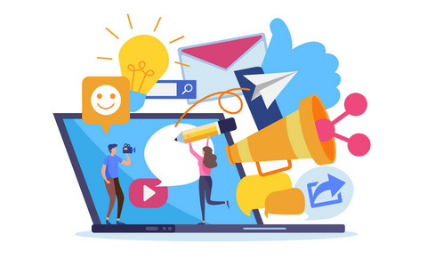 社交网络在线营销内容. 白色背景上的卡通插图矢量图形.照片