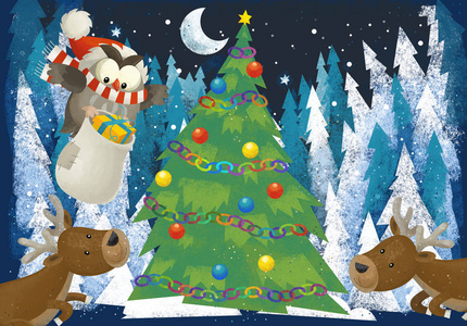 冬季场景与森林动物驯鹿和圣诞老人猫头鹰附近的圣诞树传统场景插图为儿童。