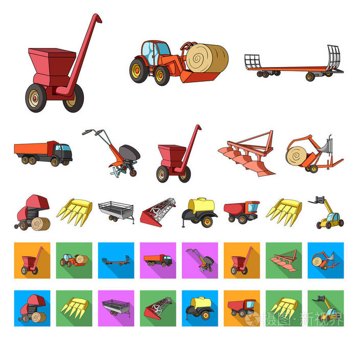 农业机械卡通, 平面图标集集设计.设备和设备向量标志股票网例证