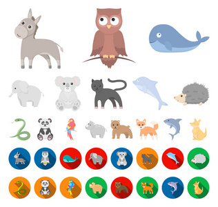 一个不现实的动物卡通, 平面图标在集合的设计。玩具动物向量标志股票网例证
