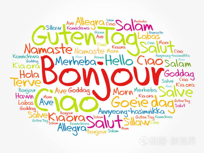 bonjour用法语问候世界不同语言中的单词云背景概念