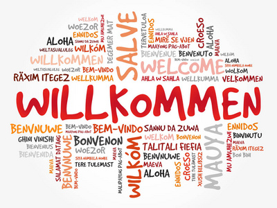 威尔科门欢迎德语。 不同语言的词云概念背景