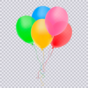 真实的蓝色粉红色黄绿色气球孤立在透明的背景上. 矢量图.照片