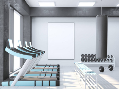 模拟场景3D插图运动健身房健身更衣室教练跑步机上视图墙白色