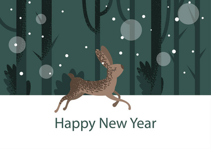 矢量平面图案插图，通过森林兔子的背景与树木