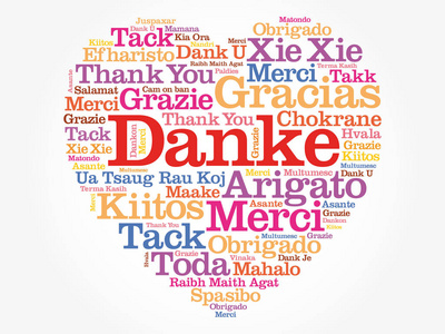 Danke德语谢谢WordCloud背景，所有语言，多种教育或感恩节