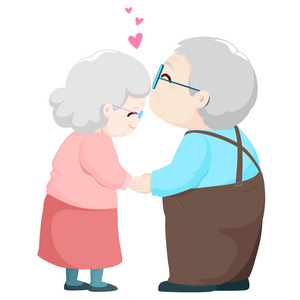 可爱的老年夫妇亲吻卡通矢量插图。