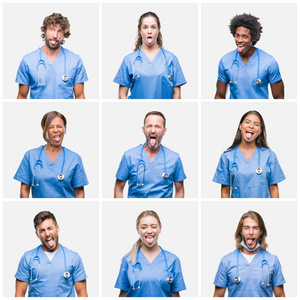 一群专业医生护理人员在孤立的背景下伸出舌头，用滑稽的表情快乐。 情感概念。