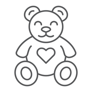 白色的毛绒熊泰迪熊细线图标, 动物和儿童, 毛绒玩具标志, 矢量图形