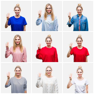 拼贴年轻美丽的金发女人在白色孤立的背景显示和指着第四个手指，同时微笑自信和快乐。