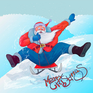 圣诞老人要从山上滚上雪橇。 现代EPS10