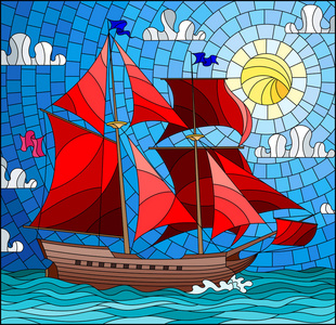 彩色玻璃样式的插图与一艘旧船航行，红帆对抗大海太阳和天空海景。