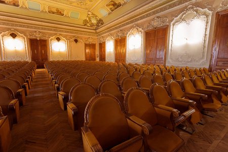 传统的古典皇家装饰丰富的圆形木制古代毛绒深色天鹅绒歌剧院椅子，供观众在电影院中的地方弯曲排，装饰古雅的地毯。 带椅子的大厅