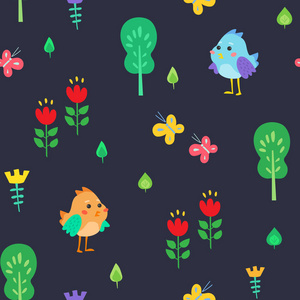 s seamless pattern. Funny birds among nature  trees, leaves, fl