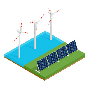 等距工厂太阳能电池板和海上风力涡轮机。 生态可再生能源概念。 矢量图。