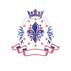 复古复古徽章由百合花皇家皇冠和五角星矢量皇家质量理念设计元素弗勒德利斯组成