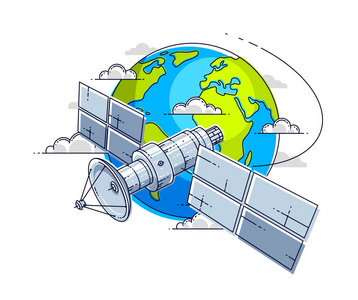 卫星通信卫星飞行轨道空间飞行环绕地球航天器空间站，配有太阳能电池板和卫星天线板，细线，三维矢量插图
