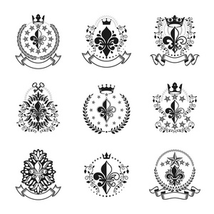 皇家符号百合花徽标集纹章矢量设计元素集