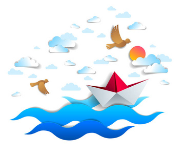 海洋中的鸟纸船在海浪中游动,折纸玩具船漂浮在海洋中,美丽的海景与