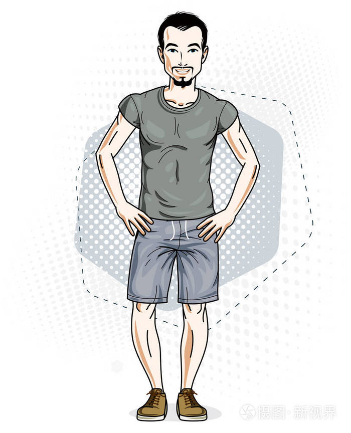 自信英俊的黑发青年站着,矢量插图男性穿休闲服装,牛仔裤短裤和t恤
