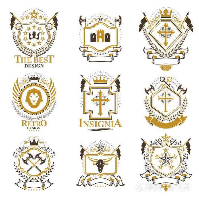 古老的装饰纹章矢量标志由鹰翼,宗教十字架,军械库和中世纪城堡,动物