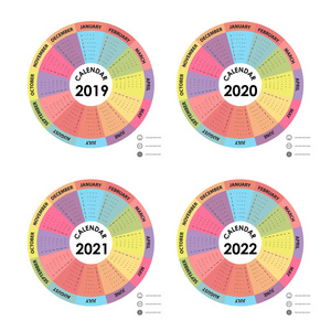 日历2019，2020，2021和2022日历模板。日历设计。每年日历矢量设计文具模板。矢量插图。