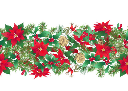 无缝图案背景与绿色冷杉枝和红花和浆果圣诞装饰。 彩色矢量插图